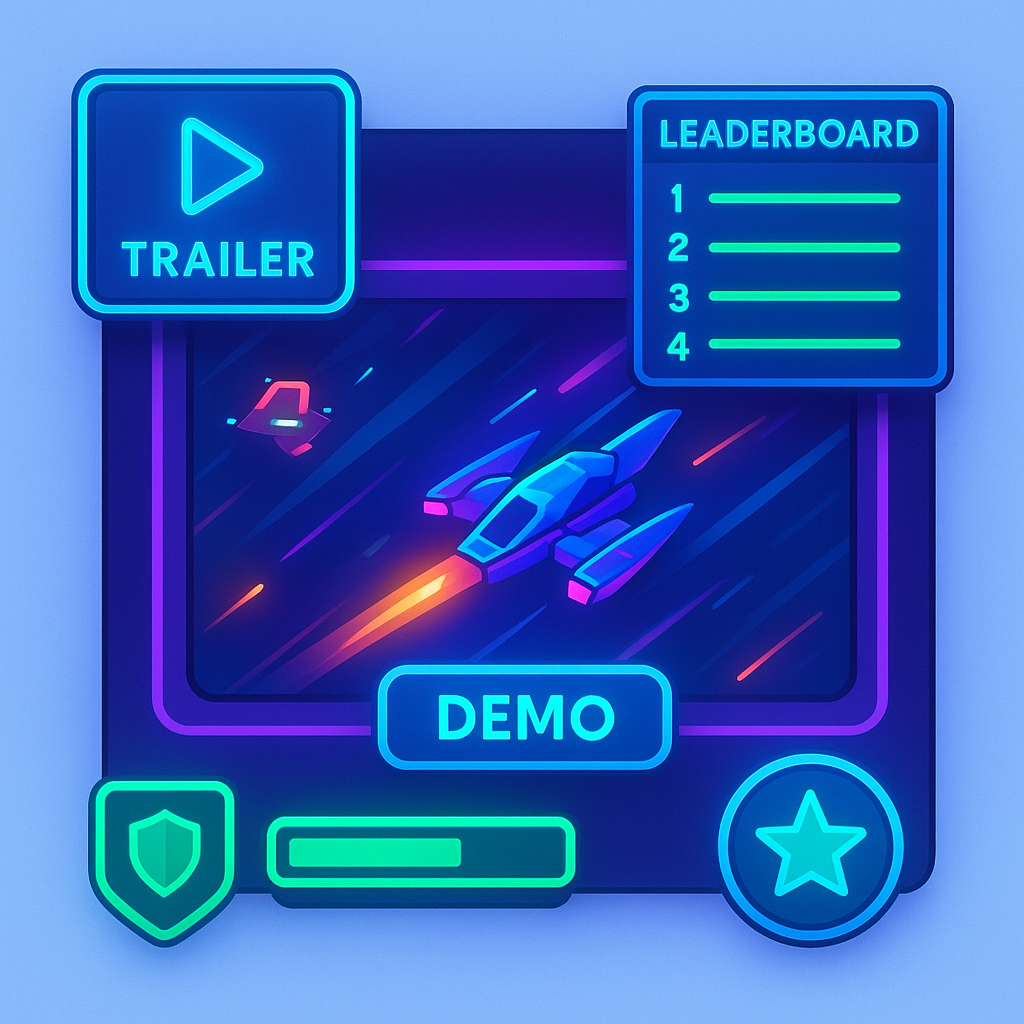 Arcade montage with neon trailer, demo window and HUD
