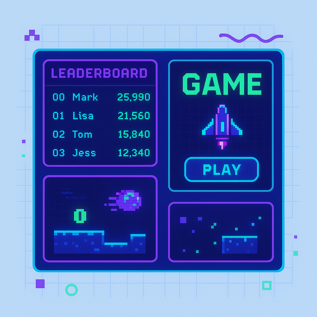 Screenshot: neon game landing with leaderboard